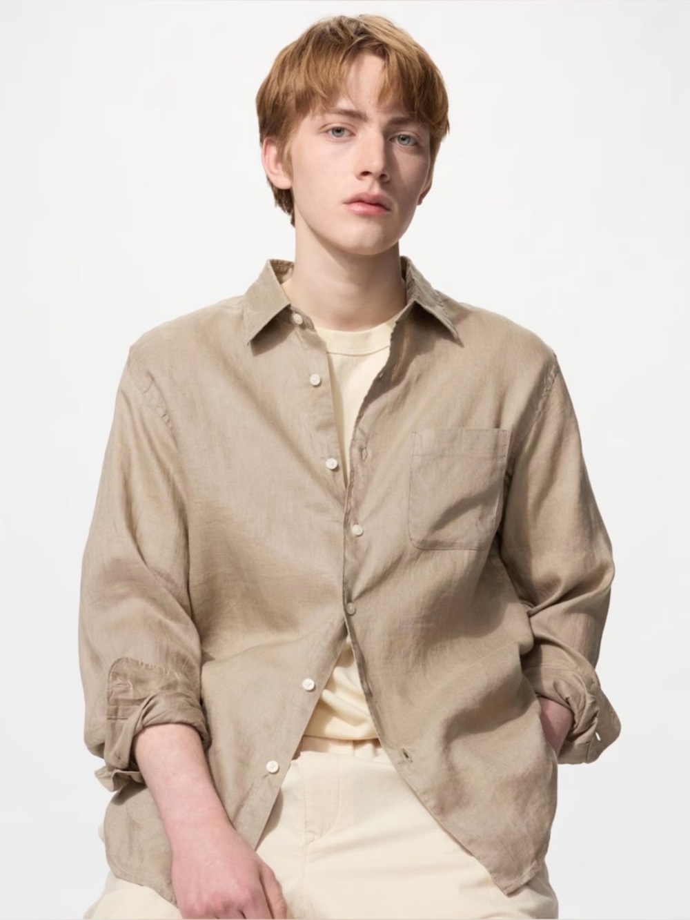 EUC UniGlo Long-Sleeve 100% Linen Shirt - Khaki Brown men’s size large